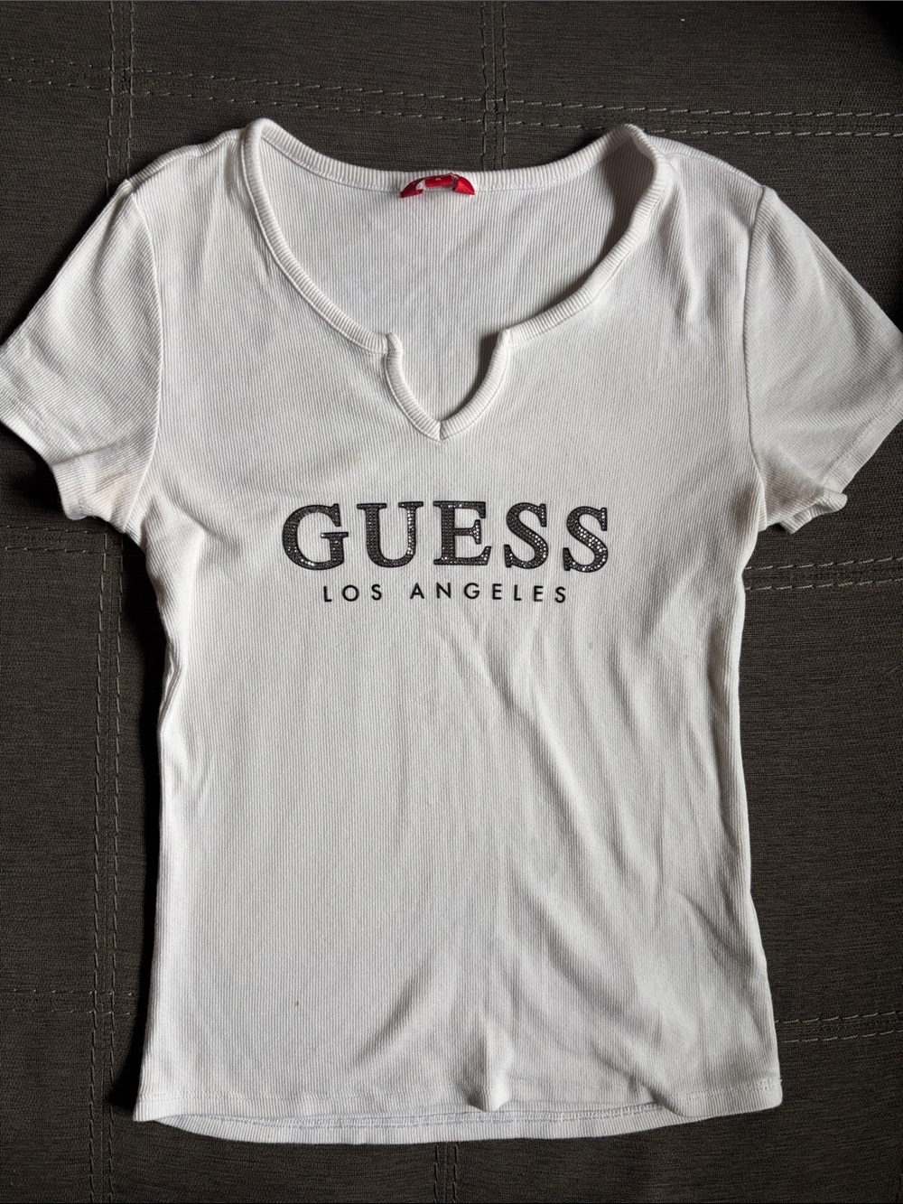 GUESS White Short-Sleeve Logo Tee with Notch Neck